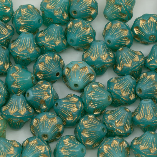 OUTLET 10 grams Lantern Pressed Glass Beads, 11 x 11 mm, Turquoise Gold Lined (63130-54202), Glass, Czech Republic