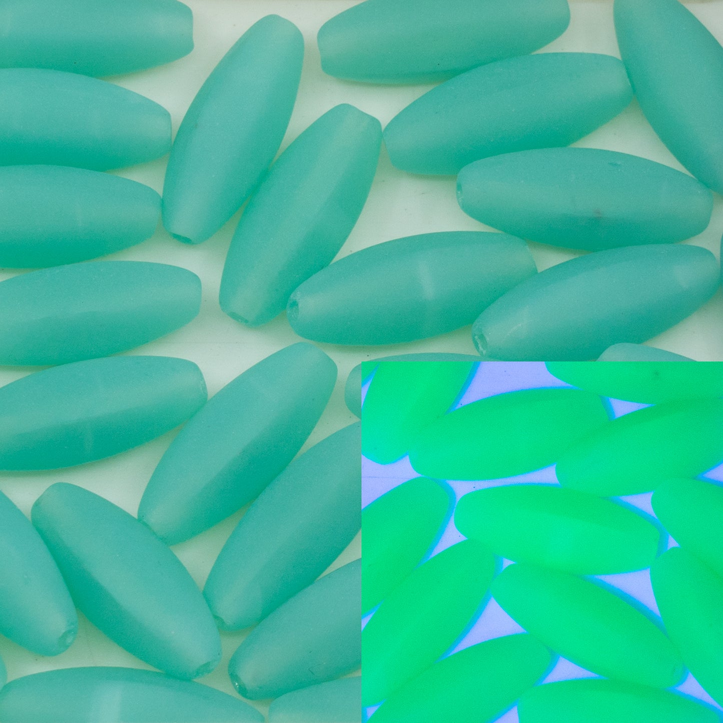 OUTLET 250g/50g Peeled Olive Beads, 19 x 7 mm, Opal Aqua Matte (61100-84100), Glass, Czech Republic