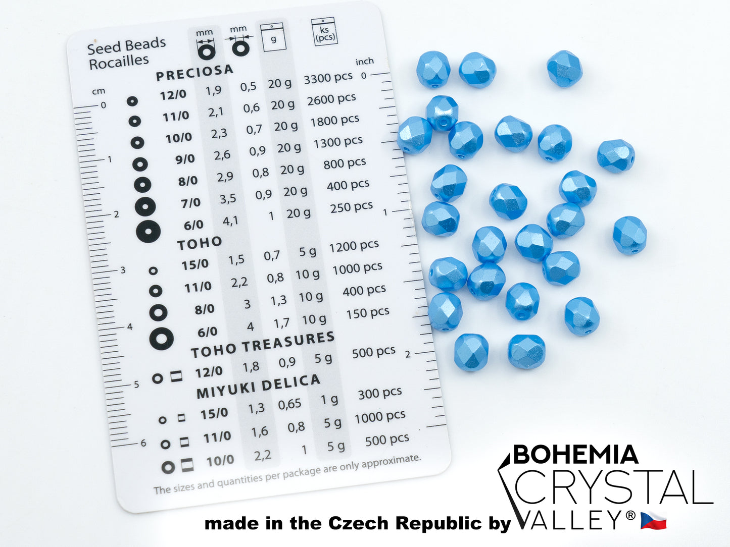 Facted Fire Polish Round Beads Pastel Blue (25020), Glass, Czech Republic