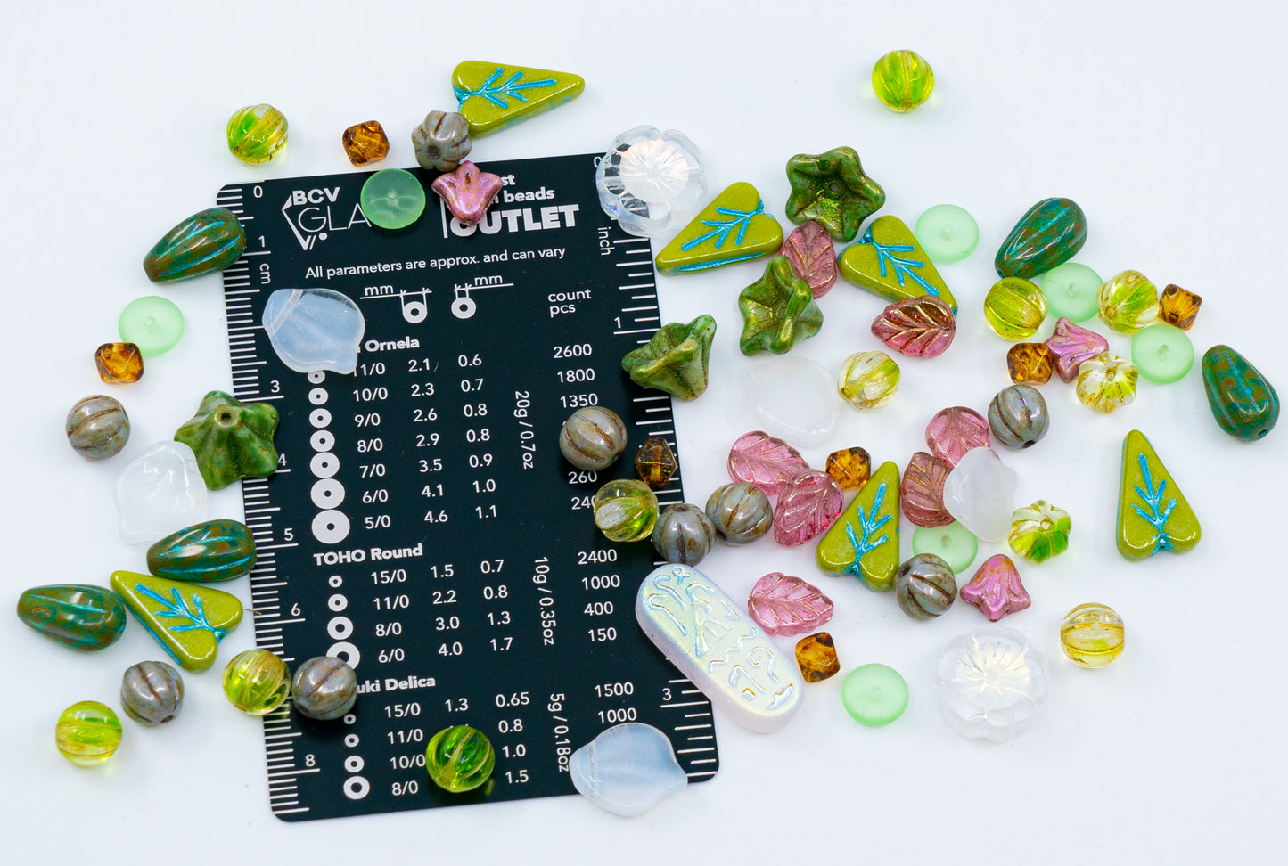 LIMITED Mix of Czech Glass Beads, Hand Made Set Kit, Crystal AB Table Cut Hawaii Green Leaves Glass Beads mix 002