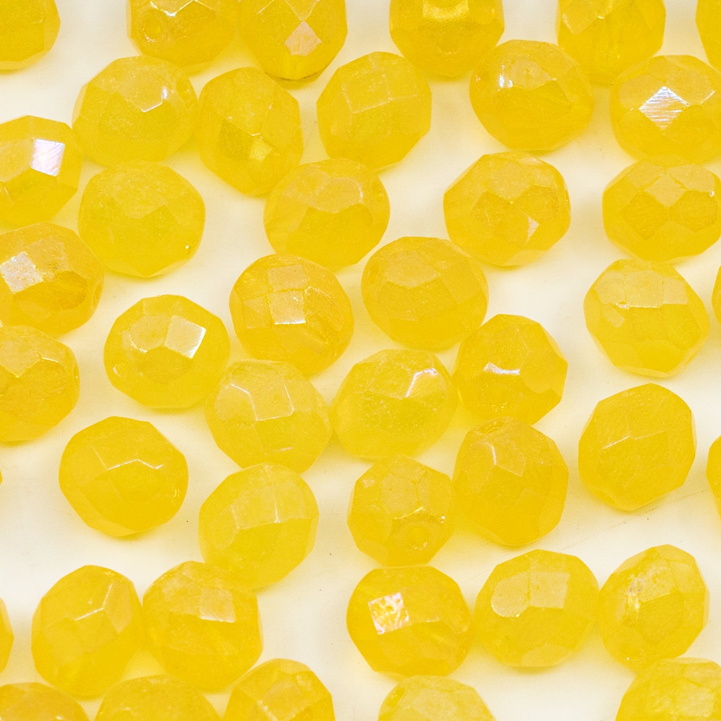 OUTLET 250g/50g Faceted Round Fire Polished Beads, 8 x 8 mm, Opal Yellow Ab (opal-yellow-28701), Glass, Czech Republic