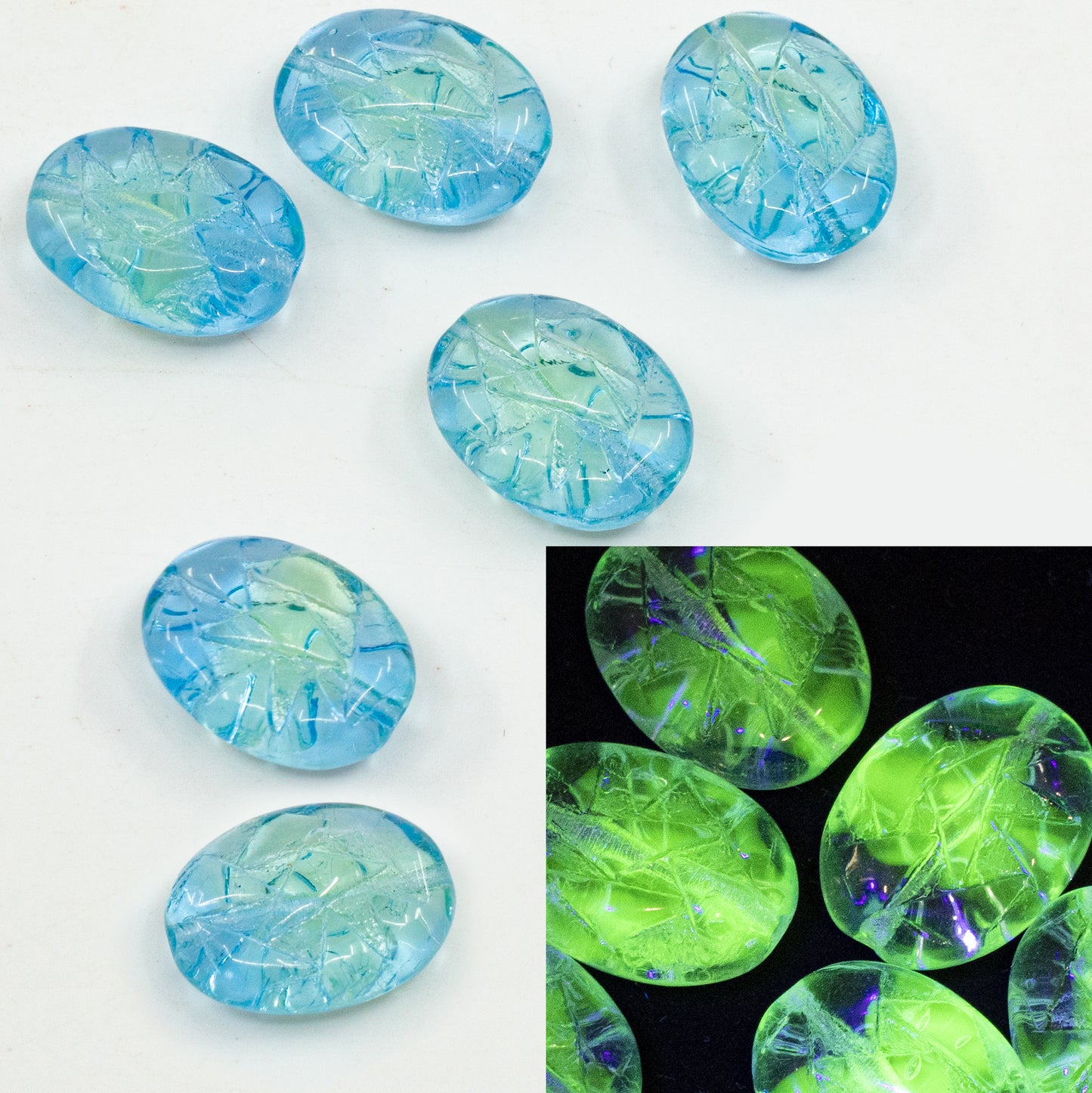 OUTLET 10 grams Oval With Triangles Beads, 17 x 13 mm, Mix Yellow Blue (87301), Glass, Czech Republic