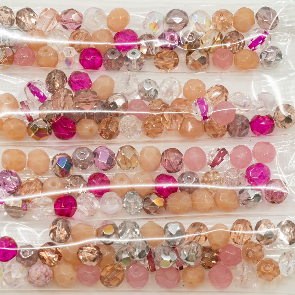 OUTLET 10 grams Faceted Round Fire Polished Beads, 6 x 6 mm, Pink Mixed Colors (pink-mix), Glass, Czech Republic