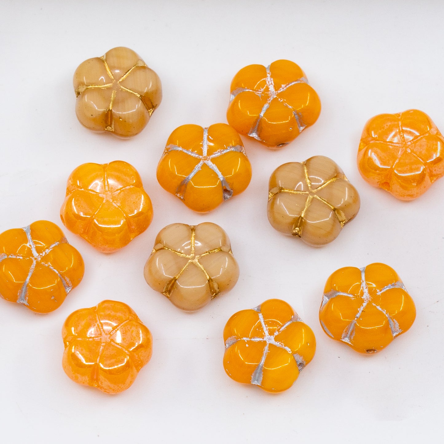 OUTLET 10 grams 5-Petal Flower Pressed Beads, 10 x 10 mm, Orange Mixed Colors (orange-mix), Glass, Czech Republic