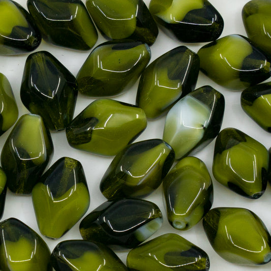 OUTLET 10 grams Bicone Beads, 15 x 10 mm, Mixed Olive Green (mixed-olive-green), Glass, Czech Republic