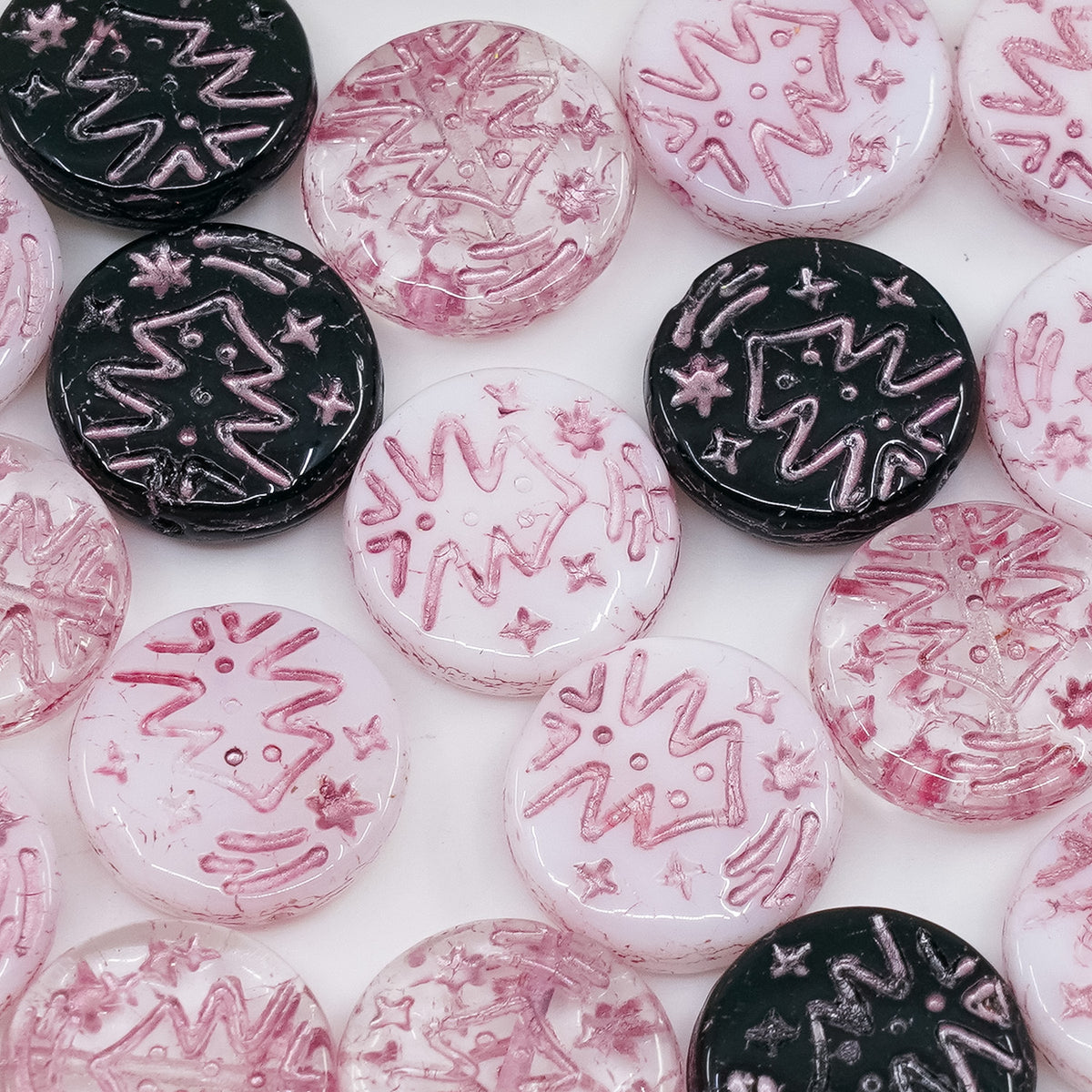 OUTLET 250g/50g Coin Bead With Christmas Tree, 14 x 14 mm, Mixed Colors Pink Lined (mix-54120), Glass, Czech Republic
