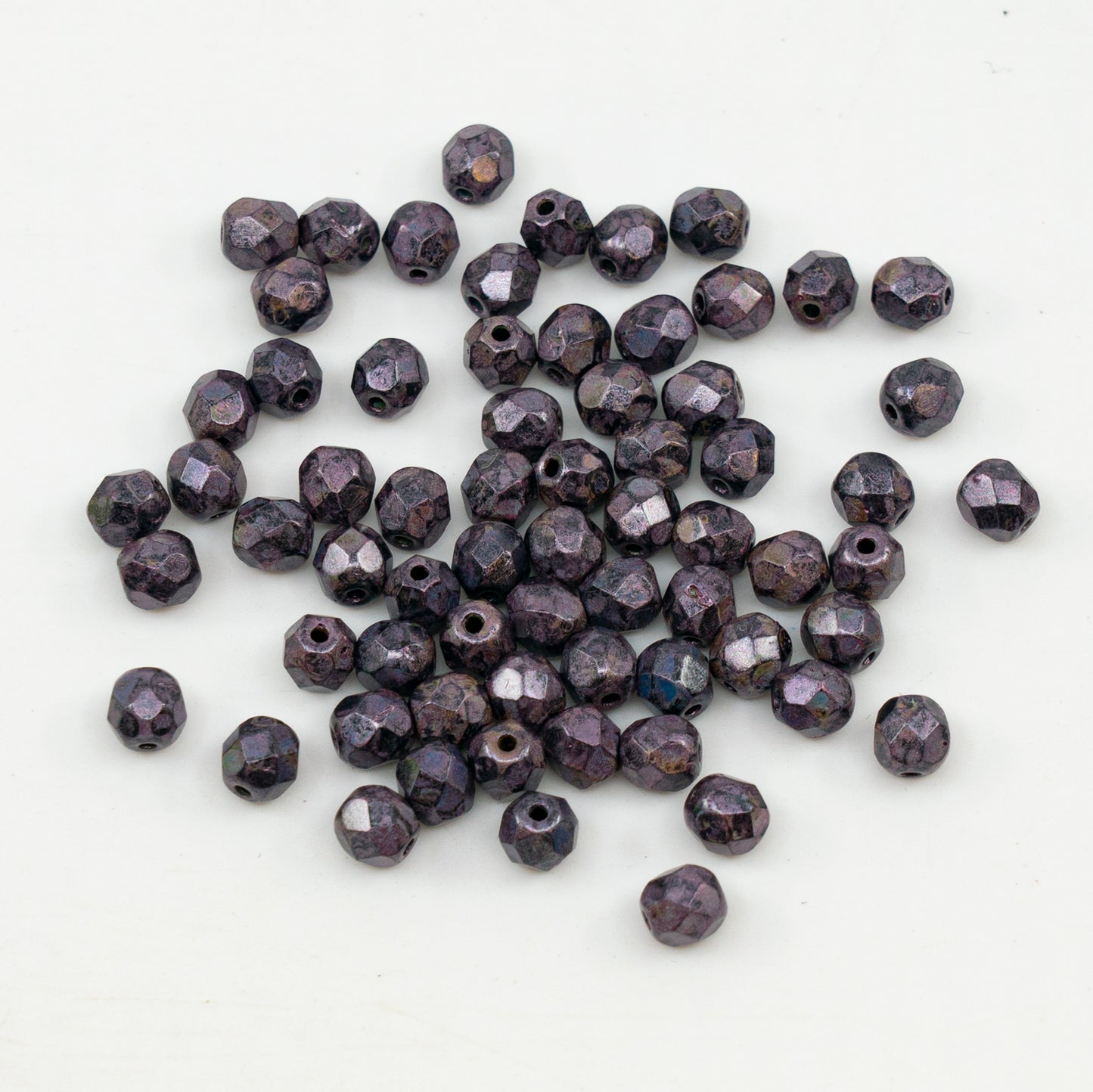 OUTLET 10 grams Faceted Round Fire Polished Beads, Black Rose Luster Spotted (23980-65327), Glass, Czech Republic