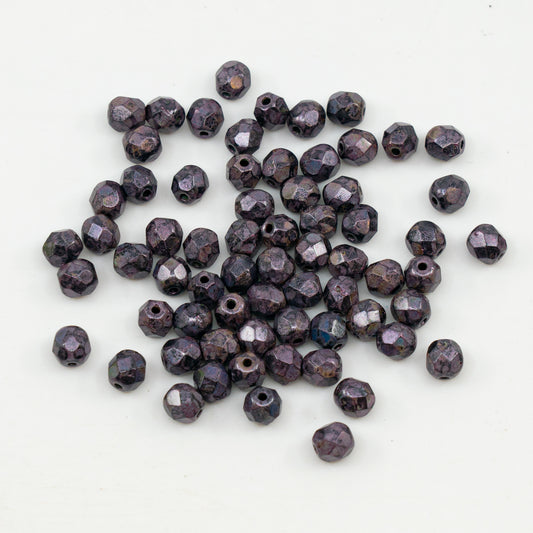 奥特莱斯 10克多面圆形火抛光珠，黑玫瑰光泽斑点 (23980-65327)，玻璃，捷克共和国