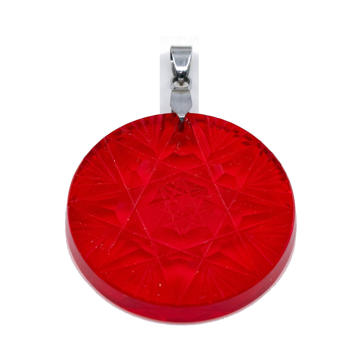 1 pc Chandelier Trimming Round Star Cut Medallion with Clip (approx. 40x40mm), Red, Hand Cut and Polished Glass, Czech Republic, OUTLET