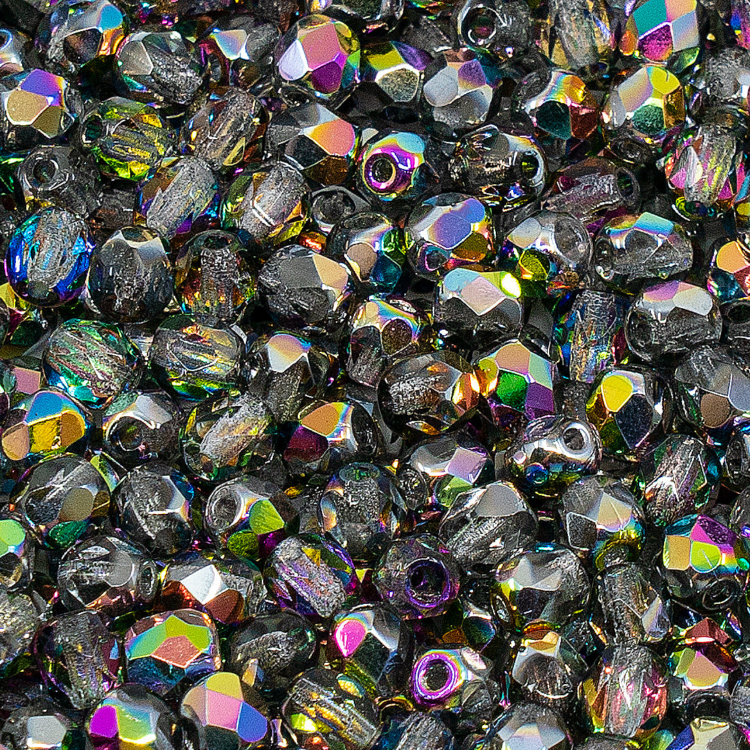 Faceted Fire Polished Pressed Czech Glass Beads, Crystal Vitrail Medium Double Sided 00030-28137