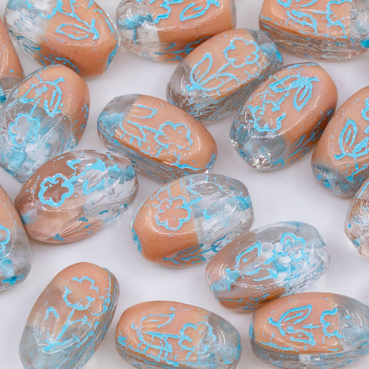 OUTLET 250g/50g Rectangular Oval With Flower Beads, 16 x 11 mm, Pink Light Blue Lined (R0742-54308), Glass, Czech Republic