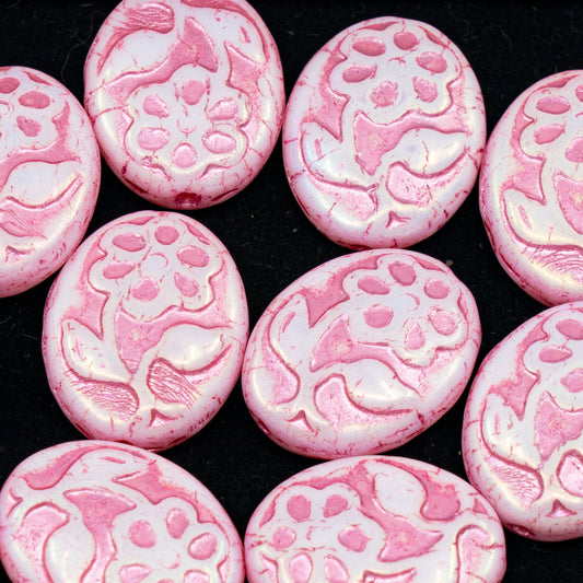OUTLET 250g/50g Oval With Flower Beads, 21 x 16 mm, White Ab Full (2X Side) Pink Lined (02010-28703-54321), Glass, Czech Republic