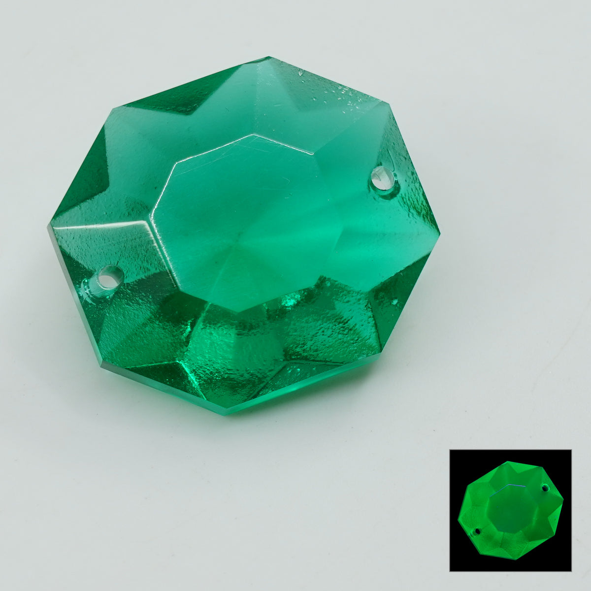 1 pc Uranium Chandelier Trimming Octagon 2-Hole (approx. 29x27mm), Emerald Green, Hand Cut and Polished Glass, Czech Republic, OUTLET
