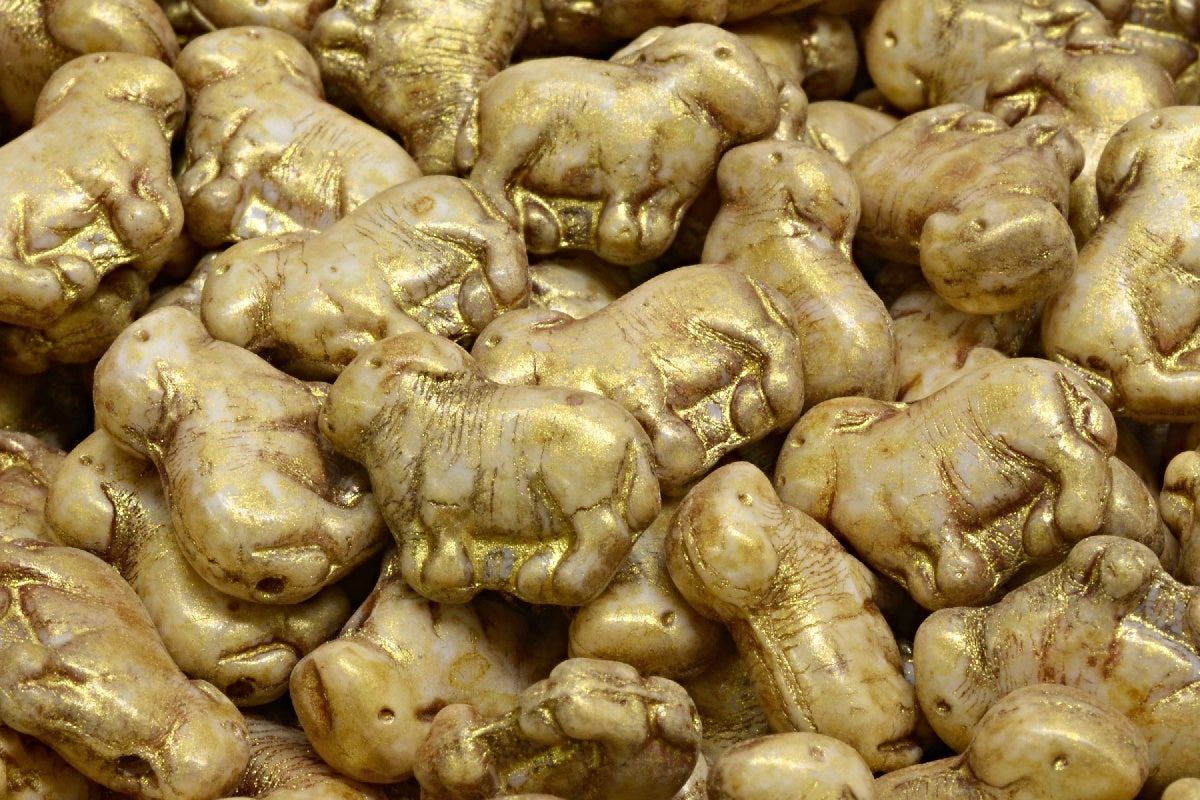Sheep Pressed Beads, White Gold Luster Spotted (02010-65322), Glass, Czech Republic
