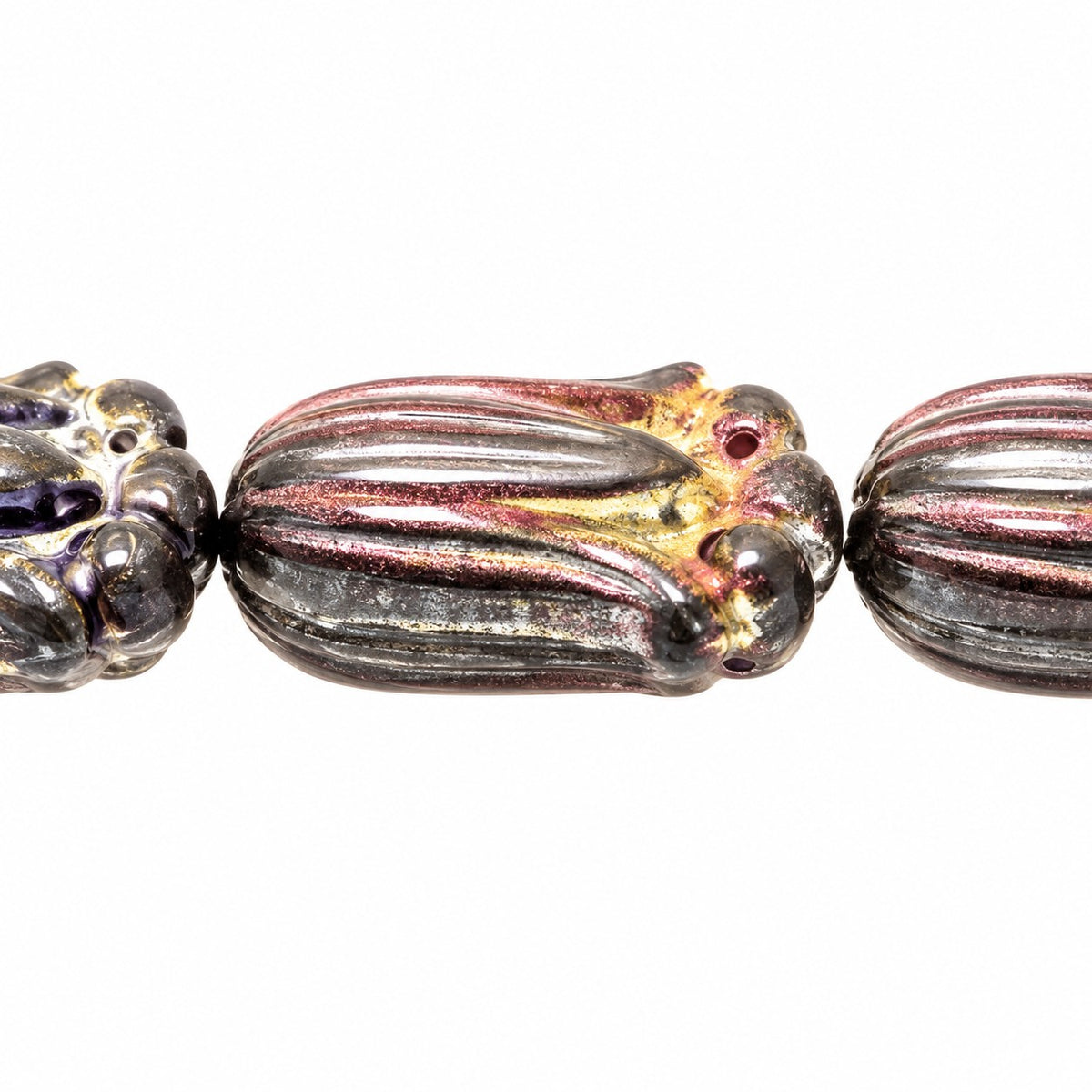 Tulip Flower Beads, Black Sliperit Full (2X Side) (23980-29503), Glass, Czech Republic