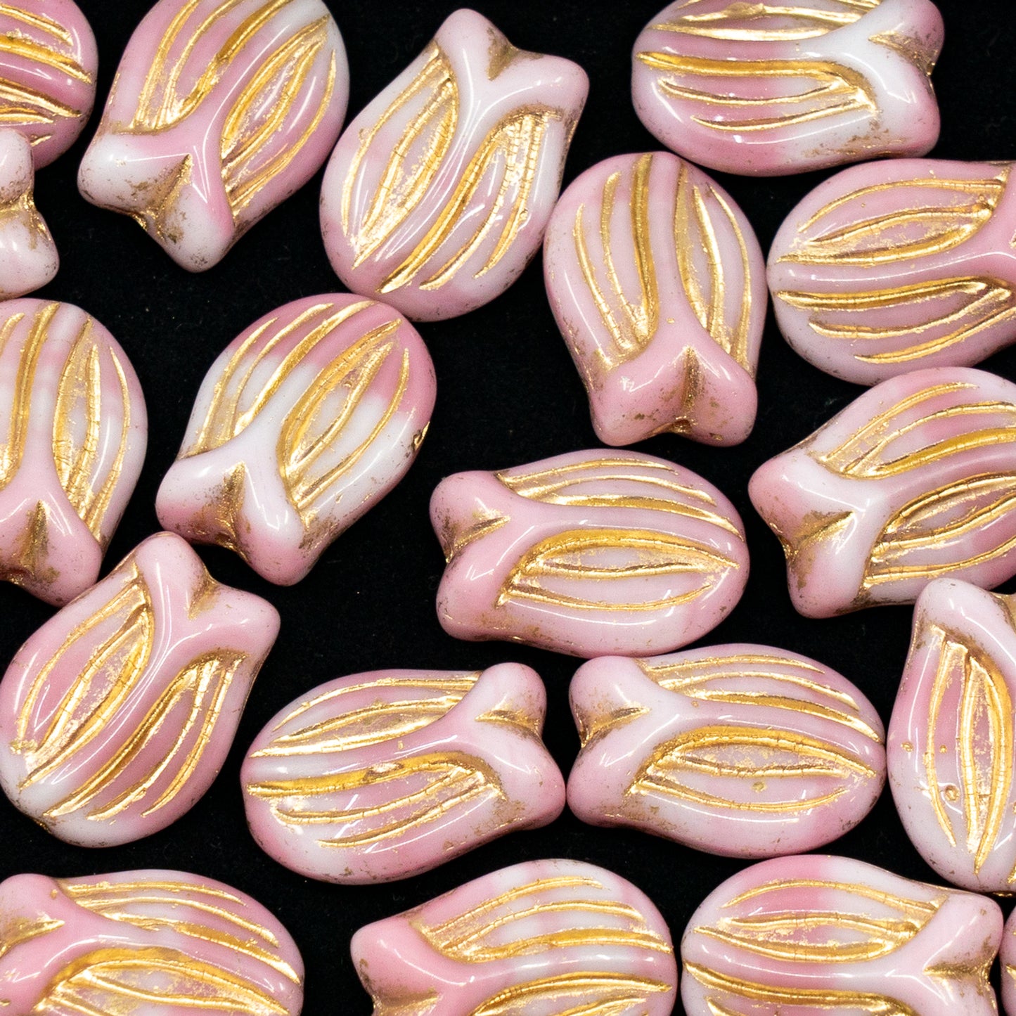 OUTLET 50 grams Mini Tulip Beads, 16 x 11 mm, Pink Gold Lined (07724-54302), Glass, Czech Republic