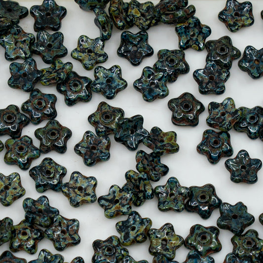 OUTLET 250g/50g Small Flower Sepal Beads, 7 x 7 mm, Black Travertin (23980-86800), Glass, Czech Republic