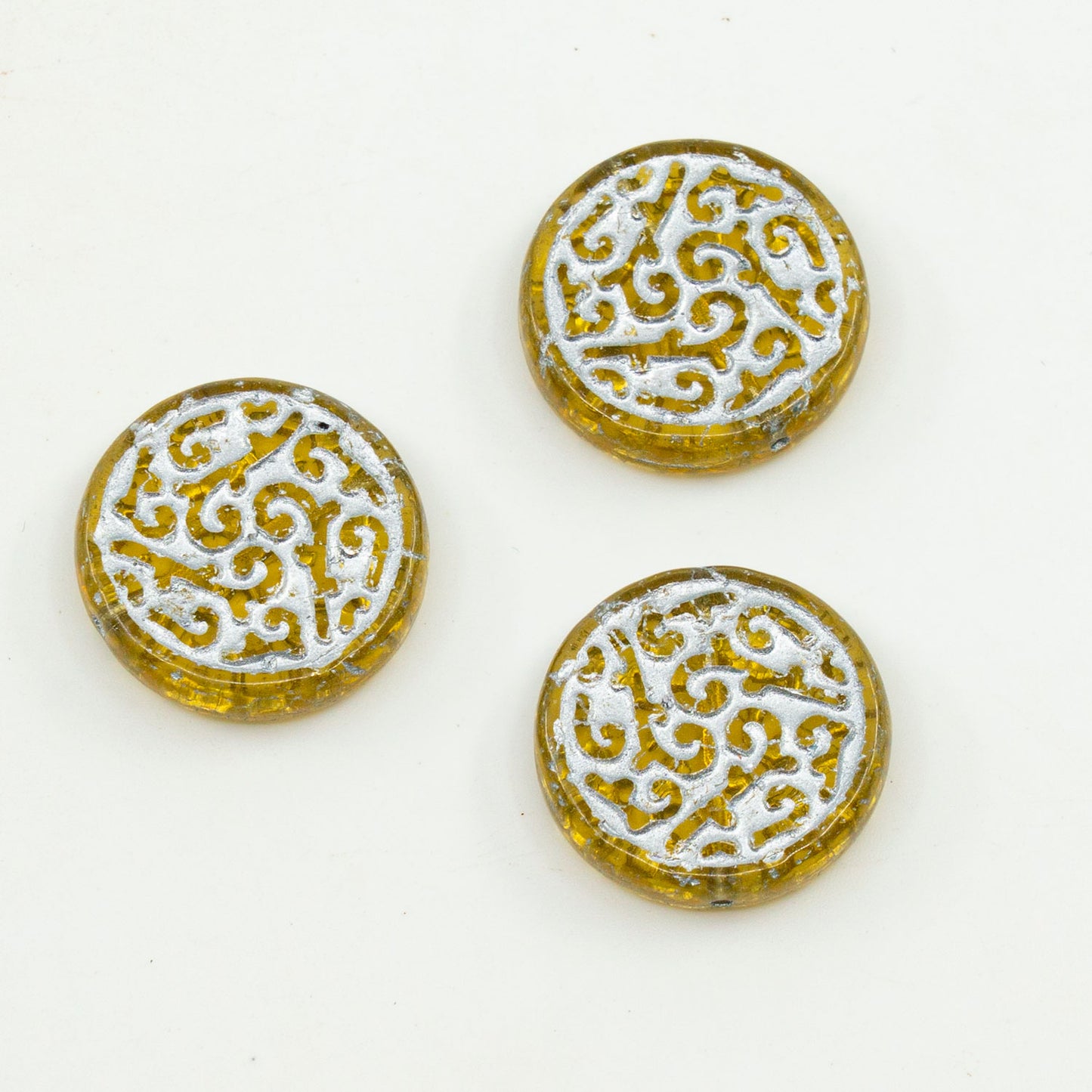 OUTLET 10 grams Round Coin with Ornament Pressed Beads, 20 x 20 mm, Transparent Yellow Silver Lined (80020-81403), Glass, Czech Republic