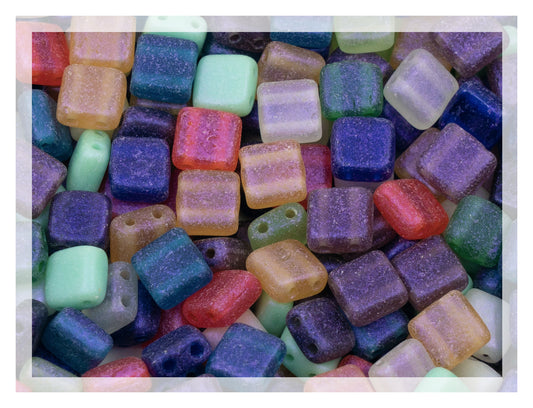 Mix of Tile Square 2-Hole Czech Glass Beads, 6mm Matte Pinkish Rainbow Blue Mix, Glass, Czech Republic