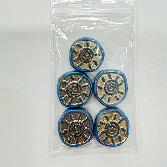 OUTLET 10 克希腊太阳硬币扁平圆形压制珠，浅蓝色金线（33000-54202），玻璃，捷克共和国