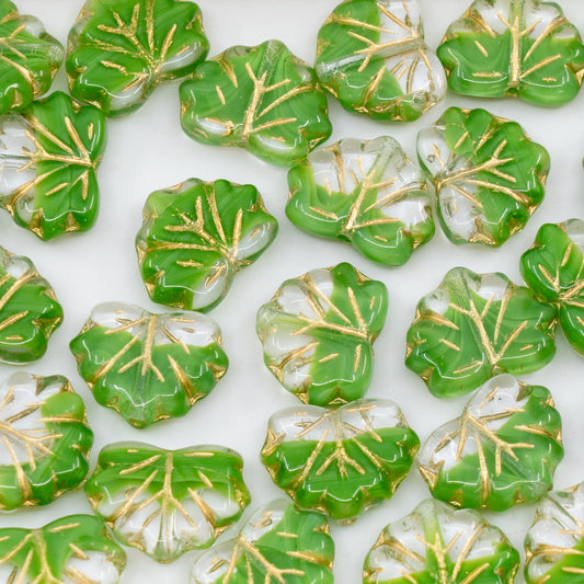 OUTLET 250g/50g Maple Leaf Beads, 13 x 11 mm, Green Gold Lined (R0542-54302), Glass, Czech Republic