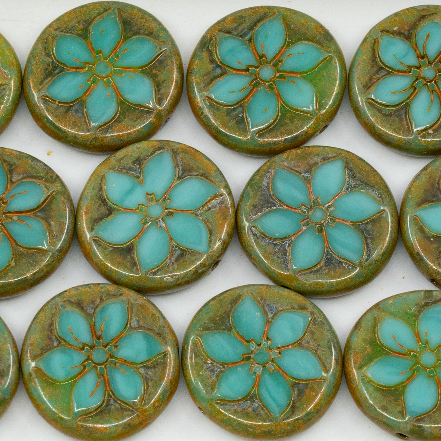 OUTLET 250g/50g Flower Coin Beads, 18 x 18 mm, Turquoise Travertin Orange Spotted (63130-86800-33302), Glass, Czech Republic