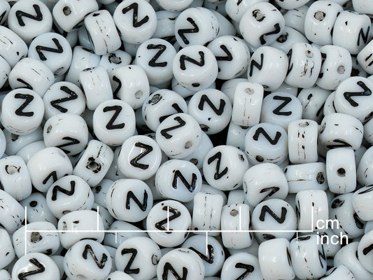 OUTLET 250g Pressed Czech Glass Letter Number Beads, 6 x 6 mm, (z), White Black Lined, Glass, Czech Republic