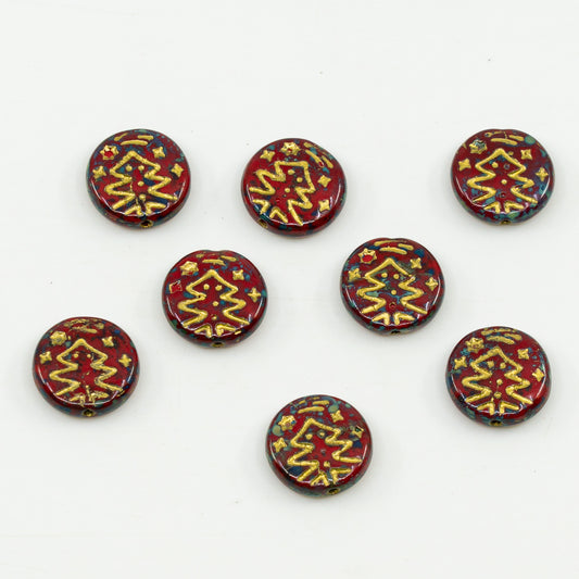 奥特莱斯 10克圣诞树硬币珠，14 x 14毫米，不透明红色石灰华镀金内衬 (93200-86800-54202)，玻璃，捷克共和国