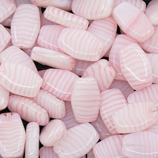 アウトレット 10グラム フラットオーバルビーズ、13 x 9 mm、ピンクストライプ（ピンクストライプ）、ガラス、チェコ共和国