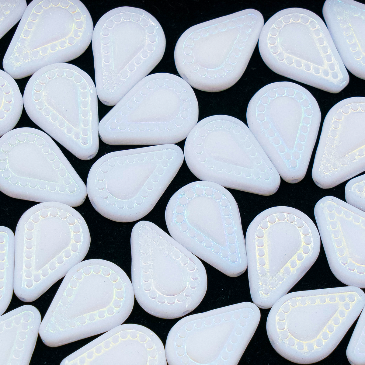 OUTLET 250g/50g Filigree Teardrop Beads, 14 x 10 mm, White Ab Full (2X Side) Matte (02010-28703-84100), Glass, Czech Republic