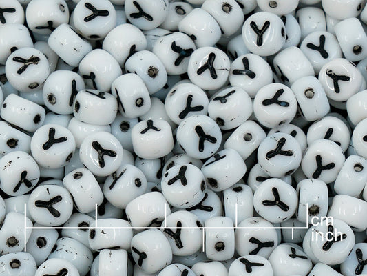 OUTLET 250g Pressed Czech Glass Letter Number Beads, 6 x 6 mm, (y), White Black Lined, Glass, Czech Republic