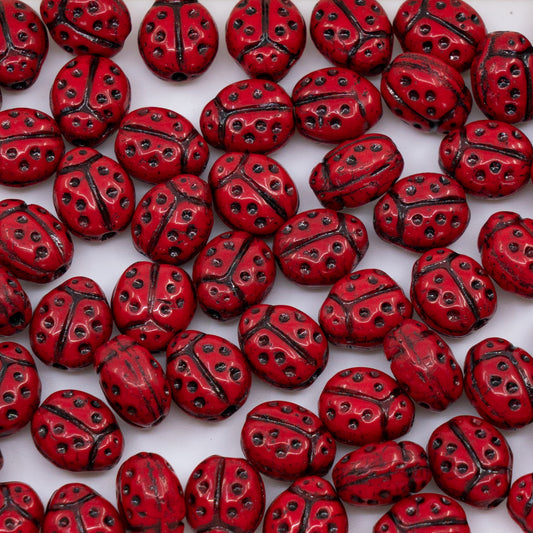 OUTLET 250g/50g Ladybird Beads, 10 x 7 mm, Red Black Lined (93180-46441), Glass, Czech Republic