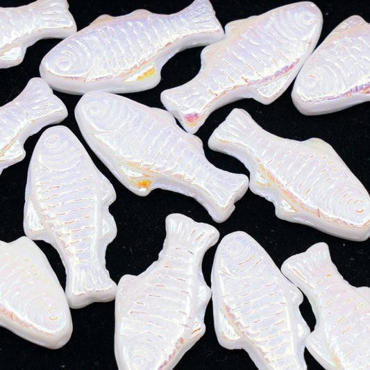 OUTLET 250g/50g Big Fish Beads, 24 x 10 mm, White Ab Full (2X Side) (02010-28703), Glass, Czech Republic