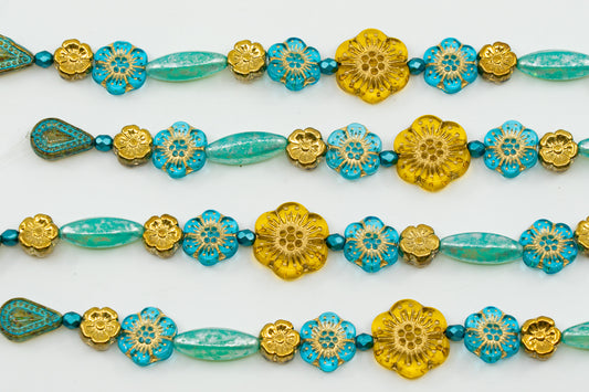 OUTLET 1 pc Stranded Bead Mix strand blue gold boho flower
