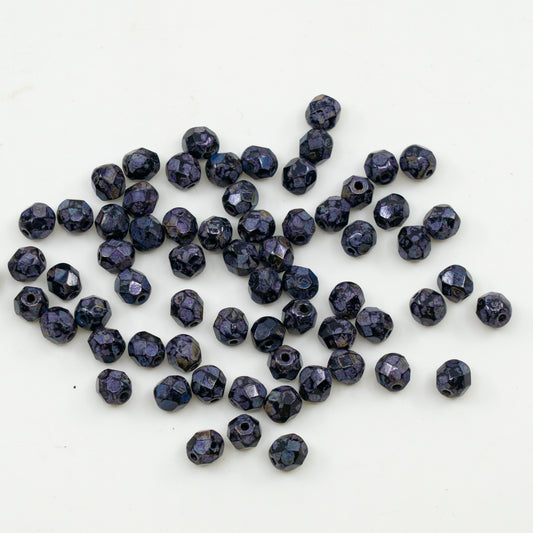 アウトレット 10グラム ファセットラウンドファイアポリッシュビーズ、5 x 5 mm、ブラックトラバーチンパープル（23980-65328）、ガラス、チェコ共和国