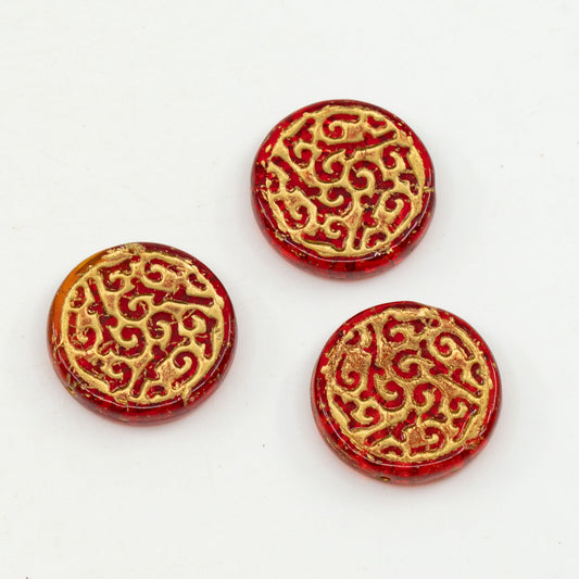 OUTLET 10 grams Round Coin with Ornament Pressed Beads, 20 x 20 mm, Ruby Red Gold Lined (90080-54302), Glass, Czech Republic