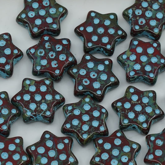 OUTLET 250g/50g Pressed Beads Star With Dot, 16 x 16 mm, Opaque Red Travertin Light Blue Lined (93200-86800-54308), Glass, Czech Republic