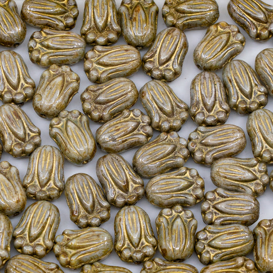 OUTLET 250g/50g Tulip Bud Beads, 10 x 7 mm, White Stain With Luster Blue Gold Lined (02010-65431-54302), Glass, Czech Republic