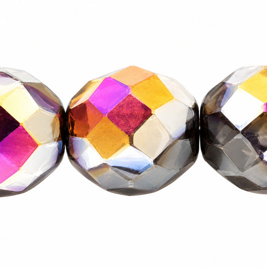 Faceted Round Fire Polished Beads, Black Sliperit (23980-29501), Glass, Czech Republic