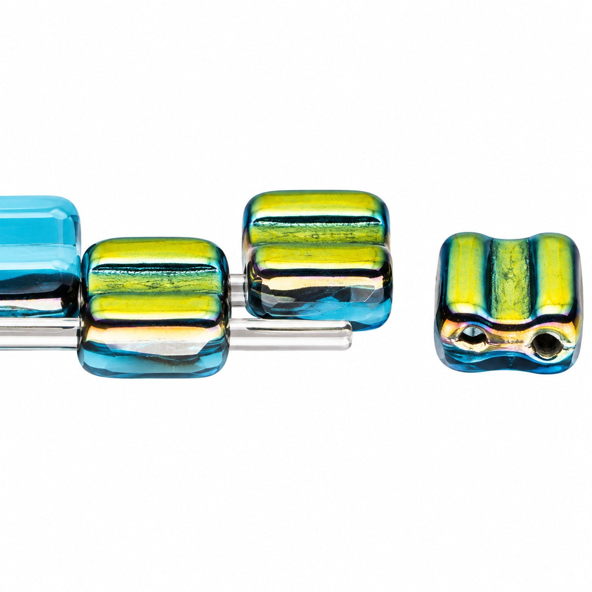 Silky 2-Hole Square Beads, Turquoise Blue Crystal Vitrail Medium Coating (63030-28101), Glass, Czech Republic