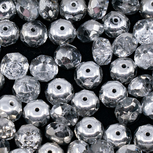OUTLET 250g/50g Faceted Rondelle Fire Polished Beads, 6 x 9 mm, Crystal Crystal Silver Half Coating (00030-27001), Glass, Czech Republic