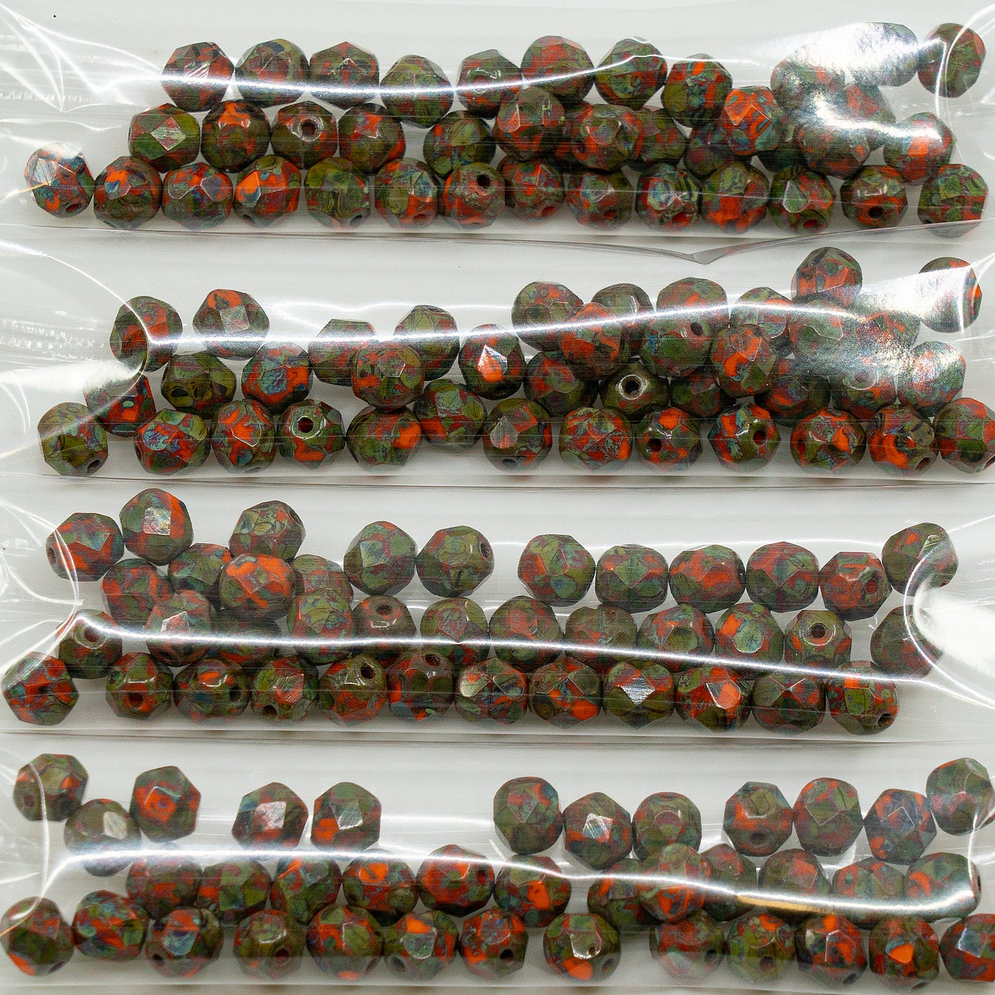 アウトレット 10グラム ファセットラウンドファイアポリッシュビーズ、6 x 6 mm、不透明オレンジトラバーチン（93120-86800）、ガラス、チェコ共和国