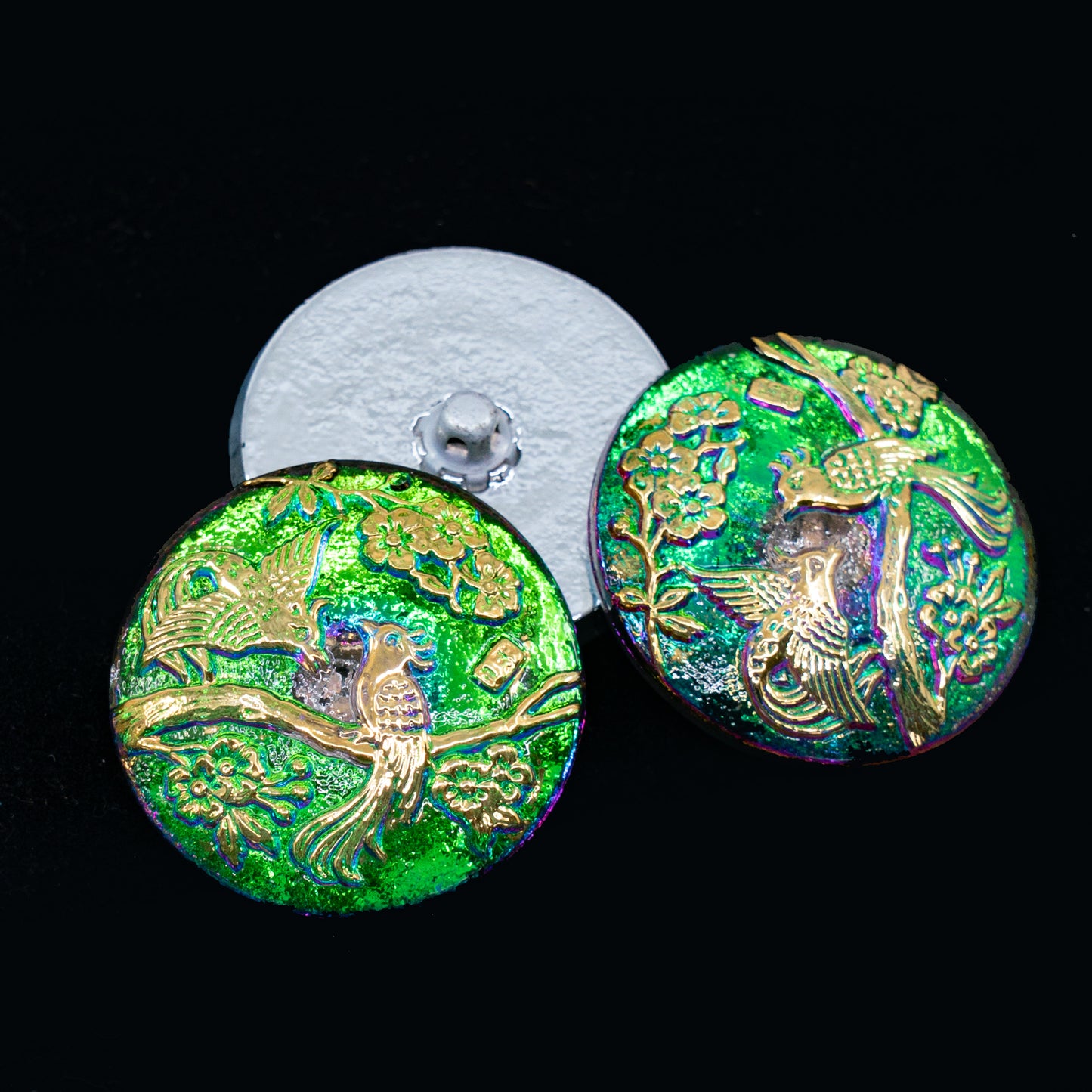 OUTLET 1 pcs Czech Glass Handmade Button, s12 x 27 mm, Birds Vitgreen Gold (birds-vitgreen-gold), Glass, Czech Republic