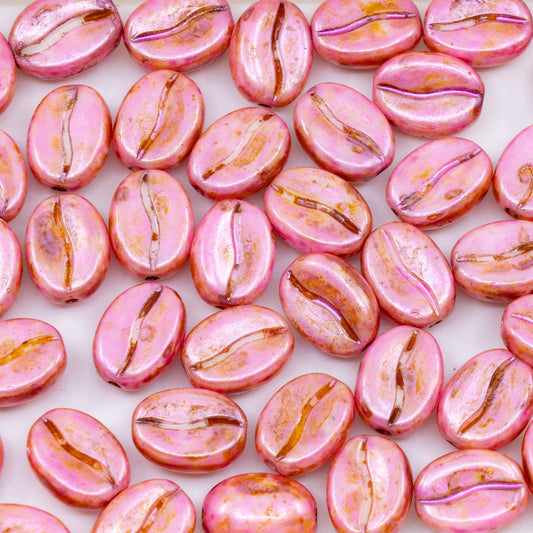 OUTLET 250g/50g Coffee Bean Beads, 11 x 8 mm, White Rose Luster Spotted (02010-65327), Glass, Czech Republic