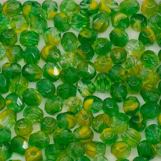 OUTLET 10 grams Faceted Round Fire Polished Beads, 6 x 6 mm, Gr Lime Mixed Colors (gr-lime-mix), Glass, Czech Republic