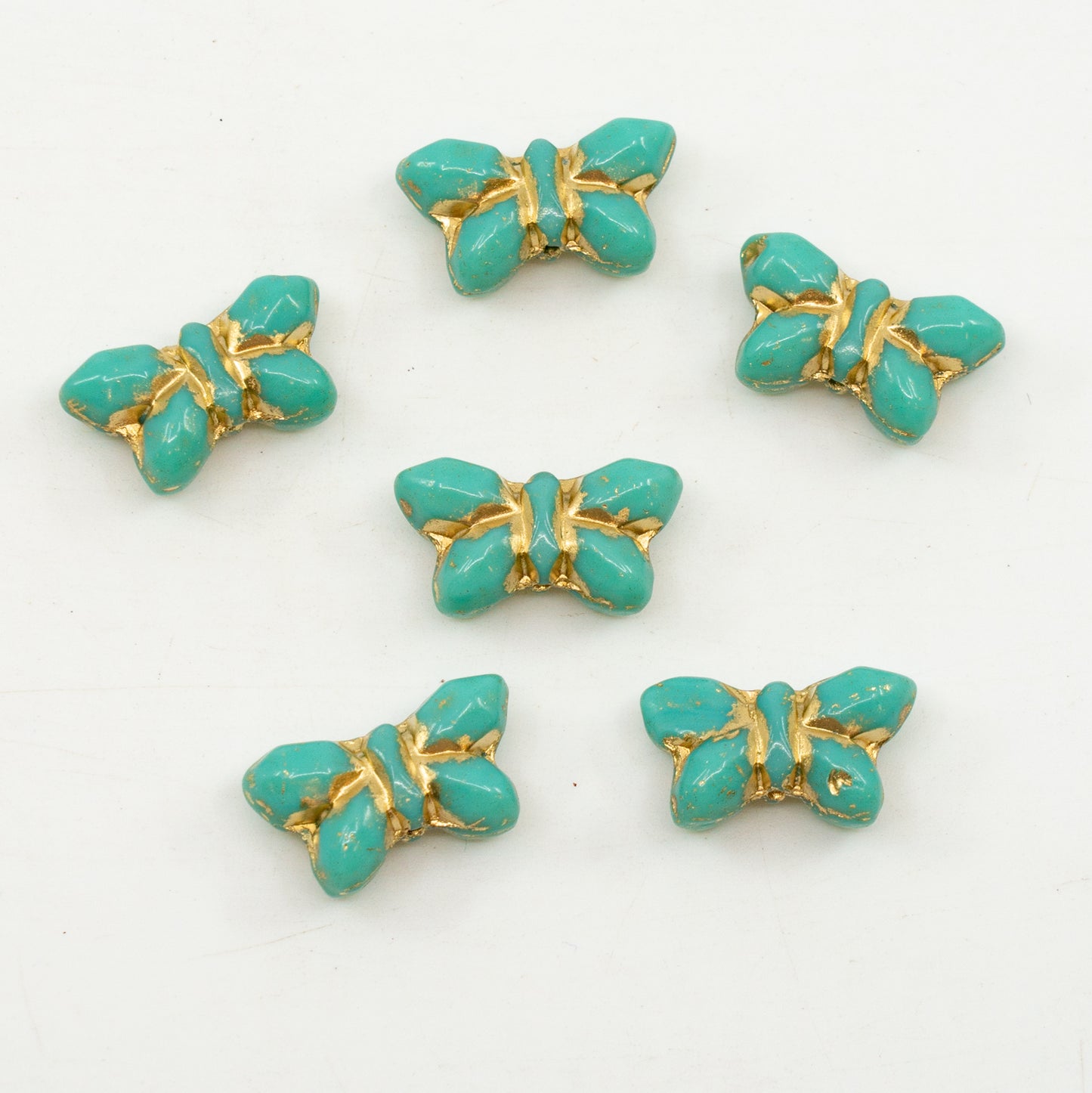 OUTLET 10 grams Simple Butterfly Pressed Glass Beads, Turquoise Gold Lined (63130-54202), Glass, Czech Republic