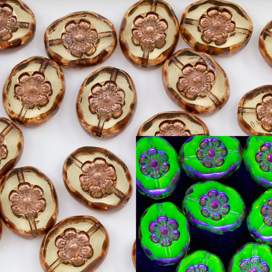 OUTLET 10 grams Table Cut Oval Beads With Cameo Lady'S Face, 14 x 11 mm, Transparent Yellow Copper Splash (80120-86750), Glass, Czech Republic