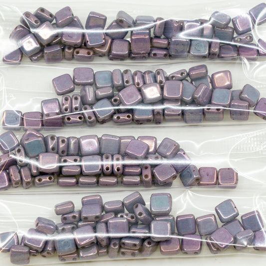 OUTLET 10 grams 2-Holes Pressed Tile Beads, 6 x 6 mm, Chalk White Purple (03000-15726), Glass, Czech Republic