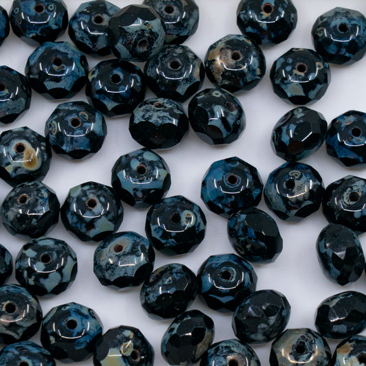 OUTLET 250g/50g Faceted Rondelle Fire Polished Beads, 7 x 9 mm, Black Travertin (23980-86800), Glass, Czech Republic
