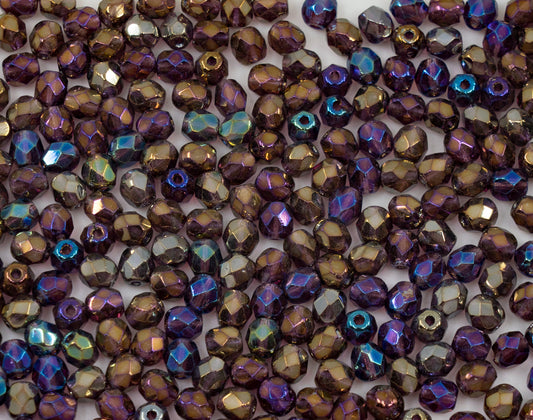 OUTLET 10 grams Faceted Round Fire Polished Beads, 4 x 4 mm, Black Purple Iris (23980-21495), Glass, Czech Republic